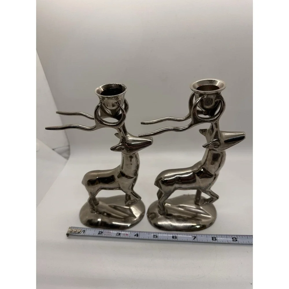 Vintage Silver Tone Reindeer Deer Candle Holders Pair Christmas Holiday‎ Decor